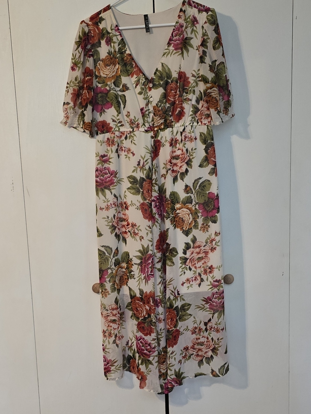 Lapis Cream Floral Wrap Midi Dress with Pink & Green Blooms